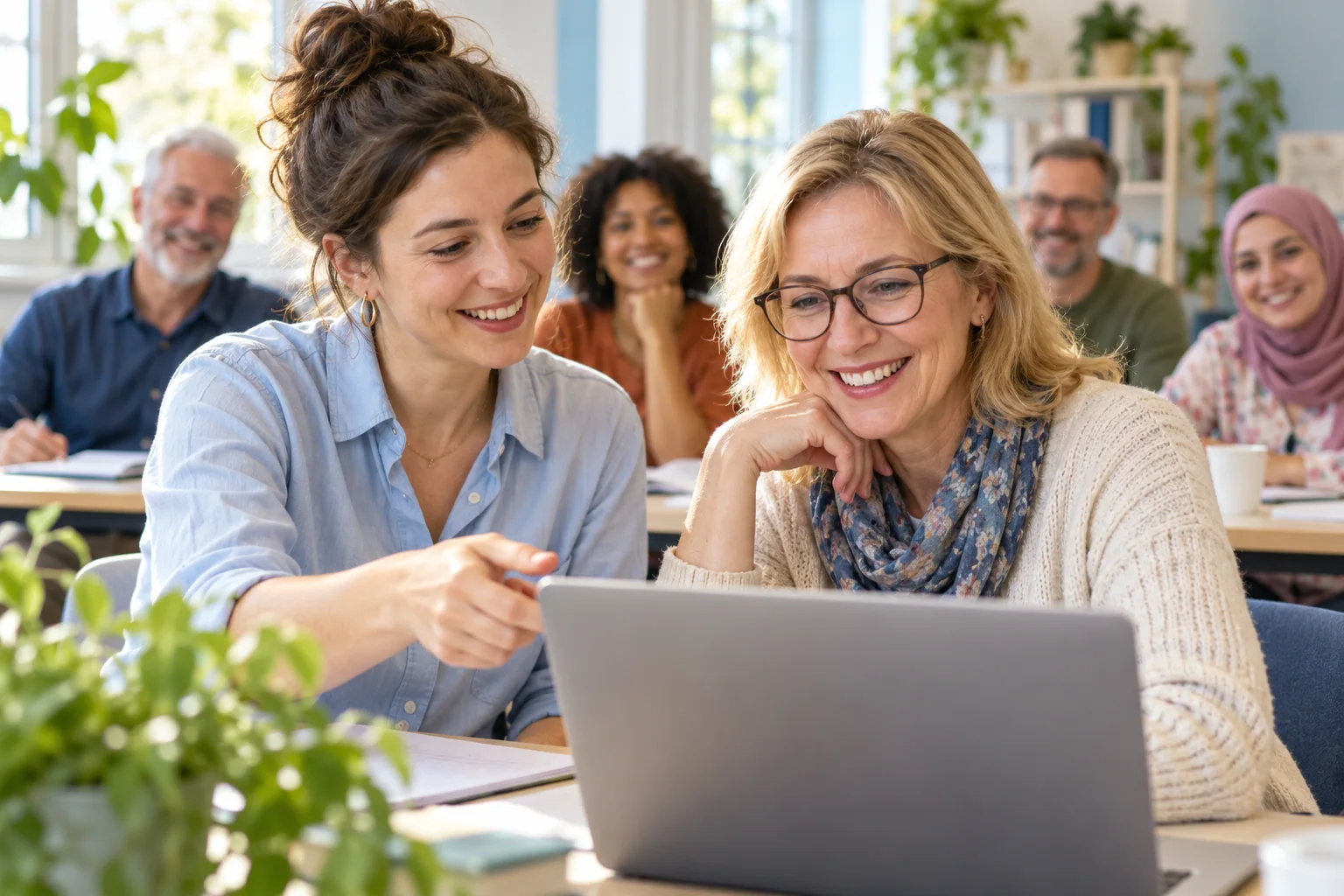 Jugendliche besprechen gemeinsam eine digitale Lernaufgabe