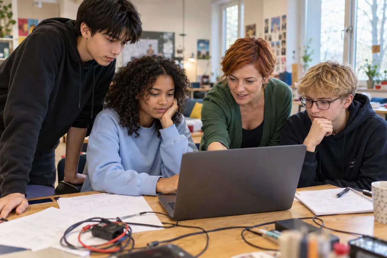 Jugendliche besprechen gemeinsam eine digitale Lernaufgabe